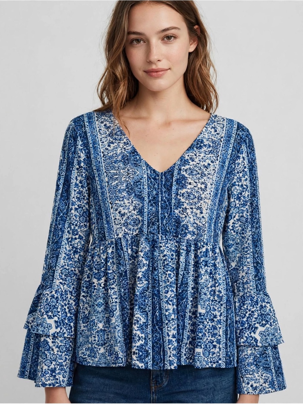 True Craft Blue and White Floral Boho Peasant Blouse with Crisscross Back